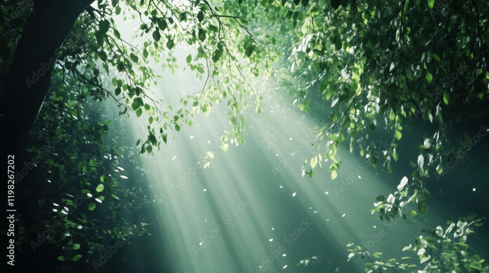Aufkleber Sunlight filtering through leaves in a serene green forest creating a peaceful atmosphere. Generative AI