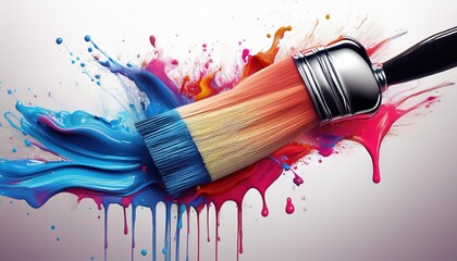 Vibrant Paint Splash and Brush on Clean White Background Captivating Abstract Artwork Showcasing...