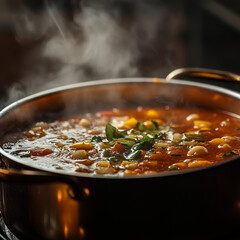 Steaming pot of vegetable soup on stovetop