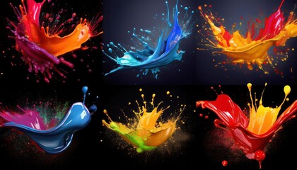 Vivid Paint Splashes Erupt on White Canvas, Creating an Exuberant Display of Color and Texture in...