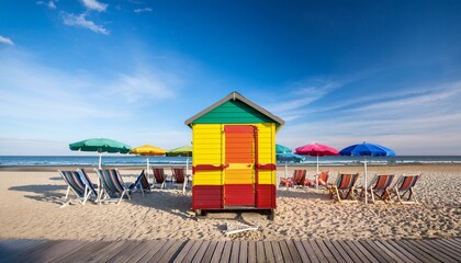 Colorful beach huts and umbrellas on a sunny day.