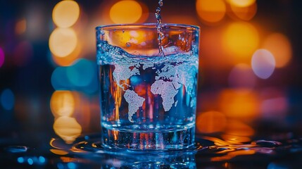 Global water, night city backdrop, pouring, liquid