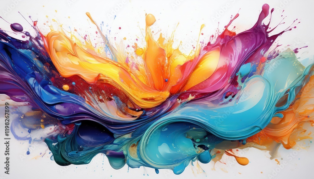Poster vibrant paint splashes on white canvas, expressing joyful abstraction with bold colors and textures 