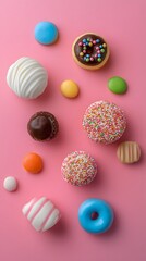 Obraz premium Assorted Colorful Candies and Donuts on Pink Background