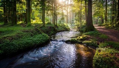 Obraz premium Sunlight streams through lush forest, illuminating a tranquil stream.