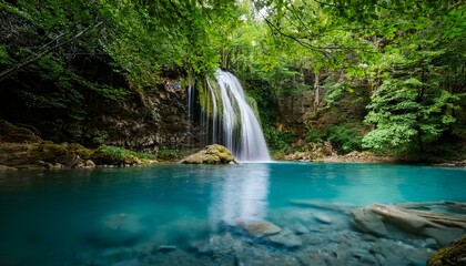 Serene waterfall cascades into a crystal-clear turquoise pool, surrounded by lush greenery.