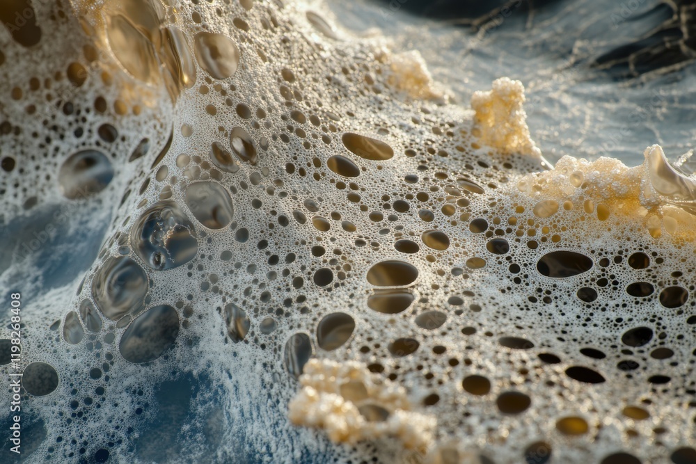 Poster dense microbial layer showcases intricate structures in a vibrant environment. generative ai