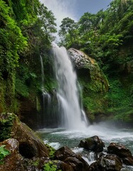 Fototapeta premium Serene waterfall cascading through lush greenery.