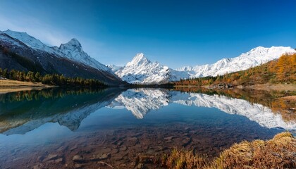 Majestic snow-capped mountains reflected in a crystal-clear lake.