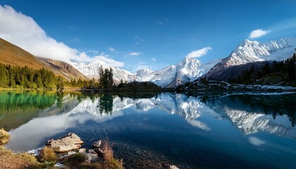Fototapeta premium Serene mountain lake reflects snow-capped peaks.