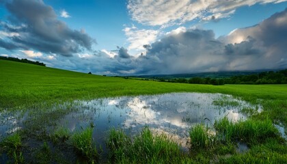 Tranquil landscape with a puddle reflecting the sky after rain.