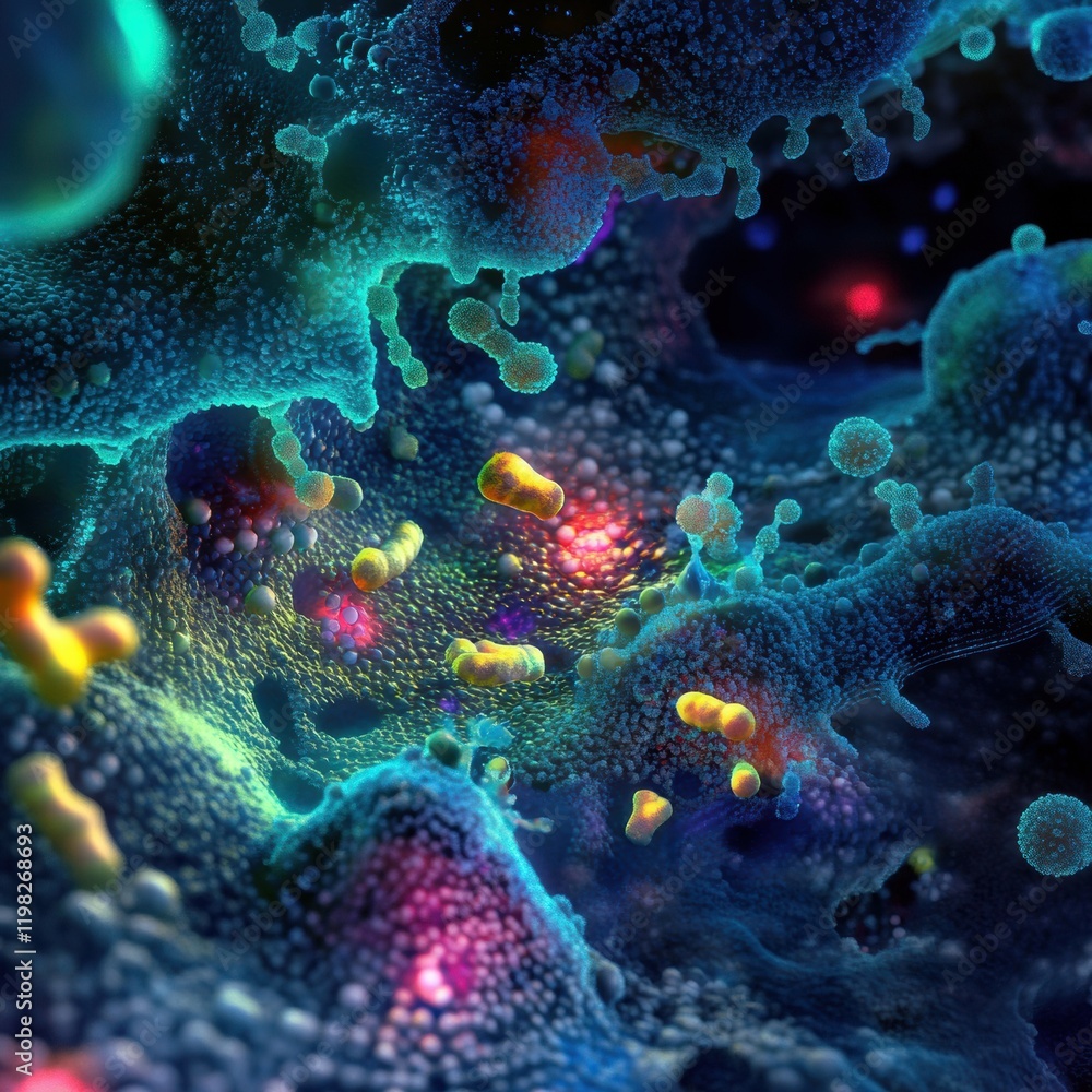 Fototapete Exploring molecular interactions and dynamics within microbial environments in vivid detail. Generative AI