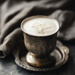 Cup of frothy drink on silver tray with soft fabric background