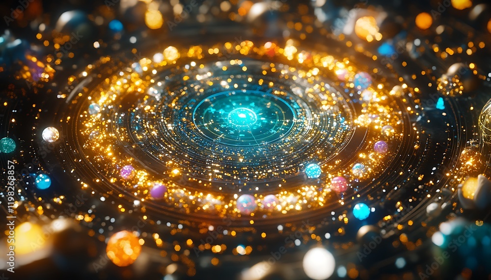 Poster abstract cosmic artwork with glowing orbs and particles swirling in a circular pattern around a cent