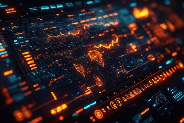 digital interface displaying a global business network, featuring a dark background with glowing financial graphs, interconnected nodes, and a touch screen map, giving a high-tech feel