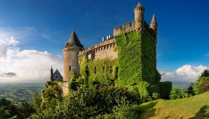 Naklejka premium Ancient stone castle covered in lush greenery under a vibrant blue sky.