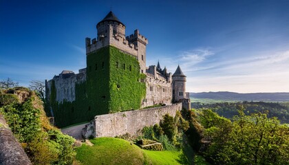 Ancient stone castle, ivy-covered walls, bright blue sky, lush green landscape.