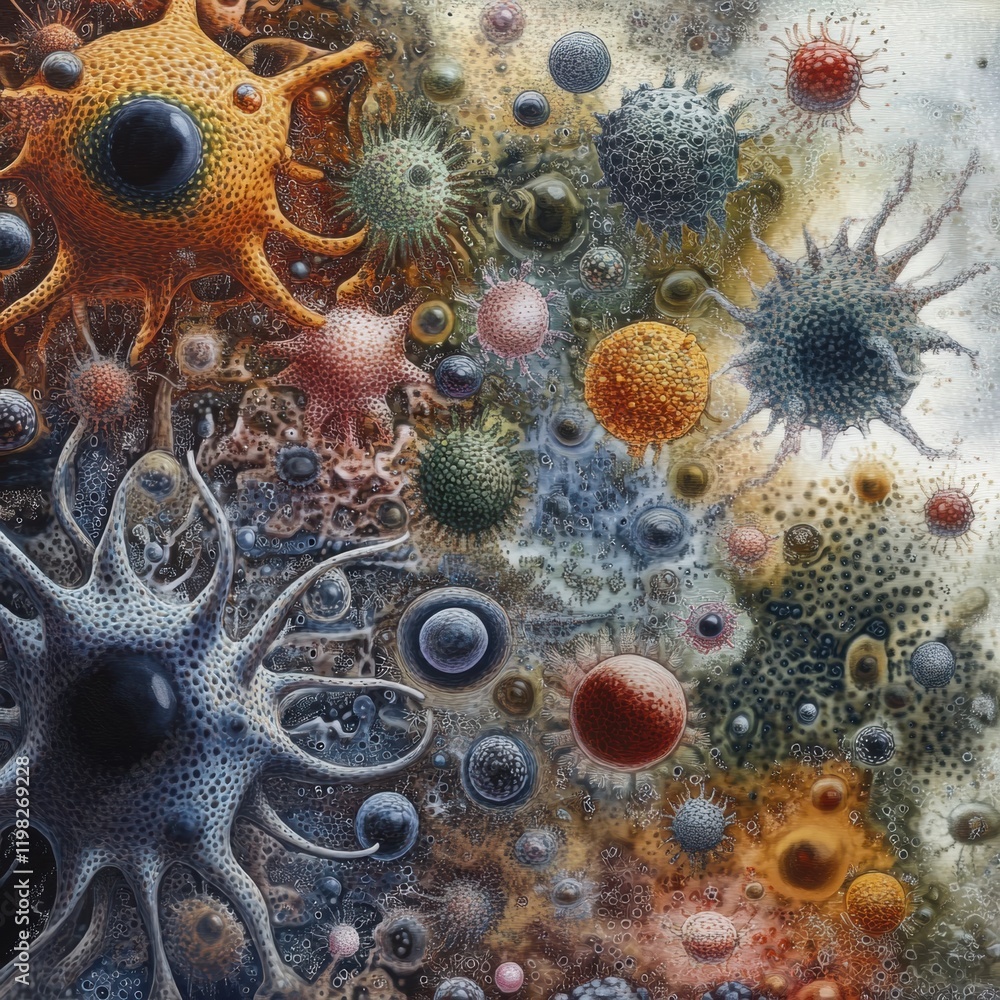 Leinwandbilder dense layer of microbes showcasing diverse shapes and colors in a microscopic environment. generativ