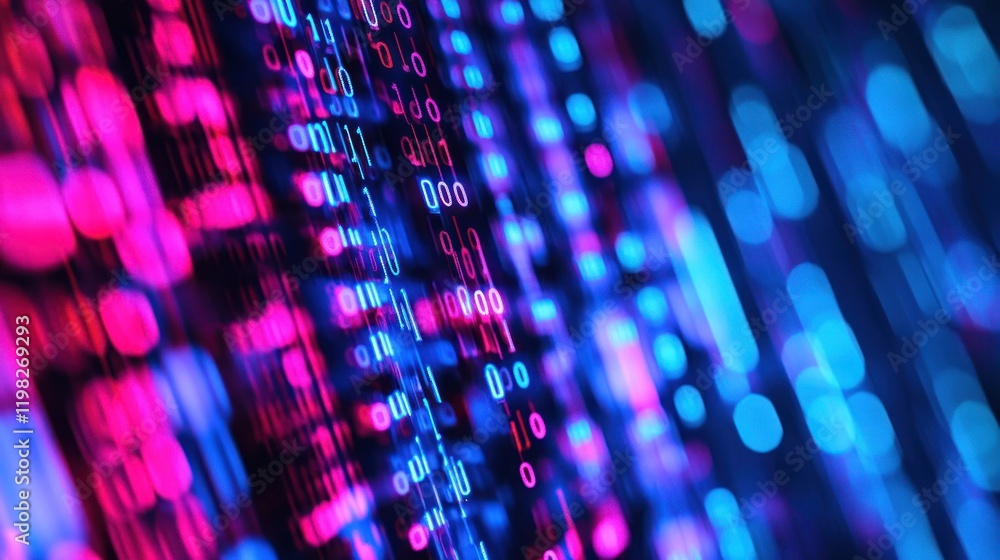 Poster abstract digital binary code stream: neon pink and blue data flow
