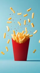 French Fries Flying Into Red Box Against Blue Background