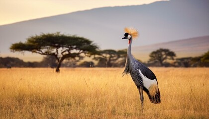 Obraz premium Grey Crowned Crane in African Savanna at Sunrise