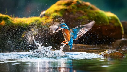 Obraz premium Vibrant kingfisher diving into crystal clear water.