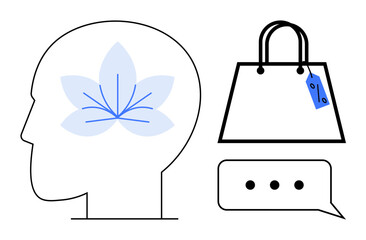 Human head profile with a flower representing thought, shopping bag with tag, and speech bubble with dots. Ideal for consumer behavior, marketing psychology, decision-making, retail analysis