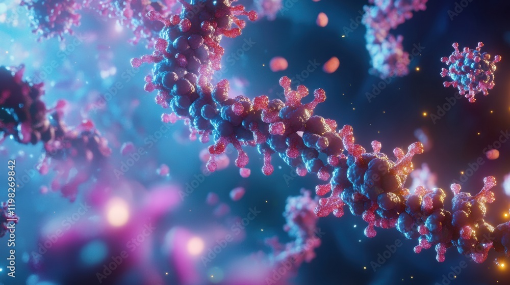 Fototapete close up view of a molecular rna chain with surrounding viruses in a vibrant abstract setting. gener