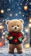 Adorable little bear holding a colorful Christmas garland in his paws