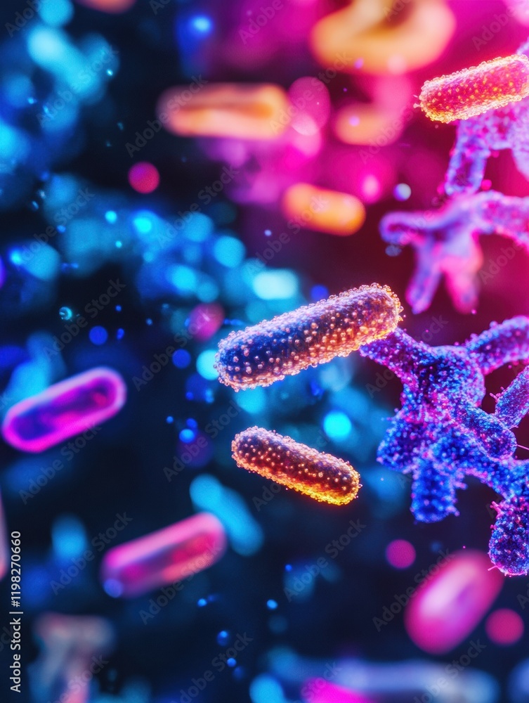 Poster abstract view showcasing interactions between antibiotics and bacteria under a microscope in a color