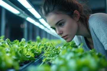 A young woman inspects vibrant green lettuce growing under artificial grow lights in a hydroponic farm.