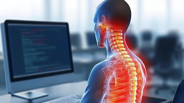Person with poor posture at desk working on computer, blurred office background, hunched back and tense neck symbolizing negative impact of bad posture on productivity and health