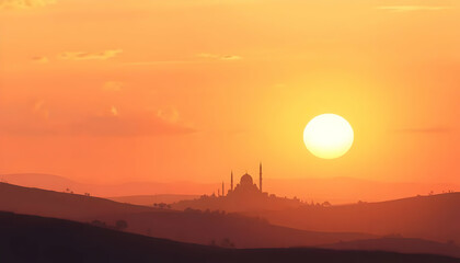 Breathtaking Sunset Over a Historic Mosque Silhouetted Against a Vibrant Sky