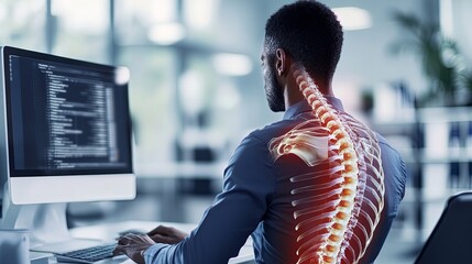 Person with poor posture at desk working on computer, blurred office background, hunched back and tense neck symbolizing negative impact of bad posture on productivity and health