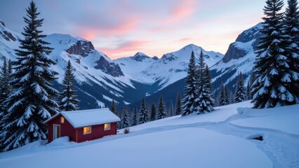 Fototapeta premium A charming red cabin nestled amidst snowy mountain slopes features a cozy sloped roof. Three inviting windows peek out from its flanks, framed by cascading snow. 