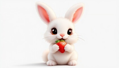 Fototapeta premium Adorable White Bunny Enjoying a Strawberry