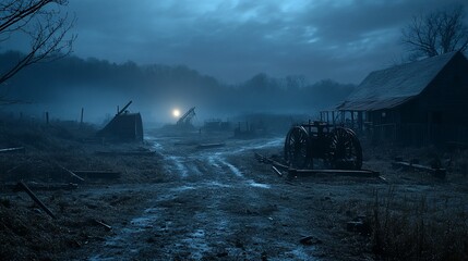 Foggy night scene at a desolate farm with old machinery.