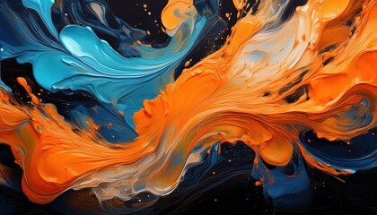 Striking Composition of Orange and Blue Abstract Artwork on Black Background, Showcasing Vibrant...