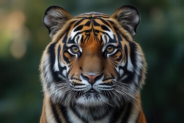 Fototapeta premium dramatic close-up of a bengal tiger with intense gaze, beautifully highlighted by natural sunlight, showcasing its striking orange and black stripes against a blurred lush greenery background