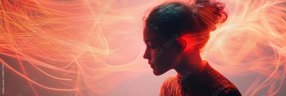 Poster person surrounded by swirling lines and abstract shapes in a vibrant artistic expression. generative