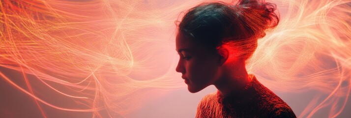 Person surrounded by swirling lines and abstract shapes in a vibrant artistic expression. Generative AI