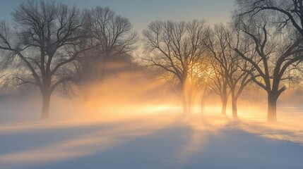 Sun rays through frosty winter trees in snowy field at sunrise.