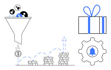 Funnel transforming customer data into revenue, stacked coins symbolizing financial growth, gift box, gear with notification bell. Ideal for digital marketing, finance, business growth, rewards