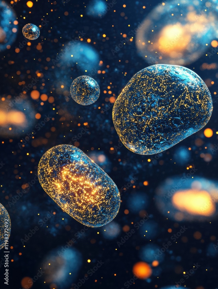 Poster colorful 3d render of diverse microbes in a dark environment showcasing intricate structures and int