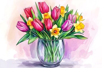 Vibrant Spring Bouquet: Tulips and Daffodils in Glass Vase, Watercolor Style