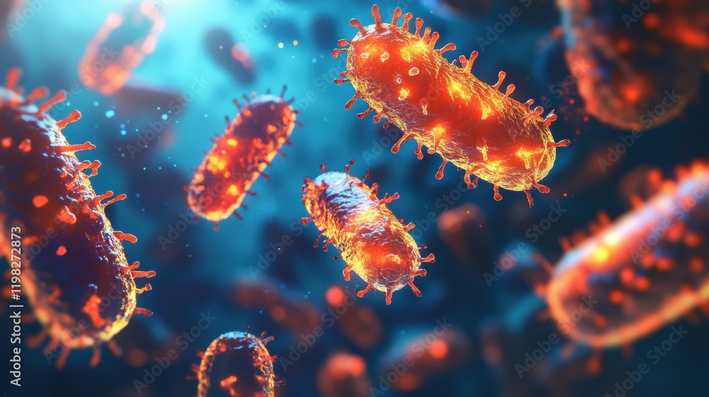 Poster vibrant 3d render of diverse microbes showcasing intricate structures under scientific observation. 