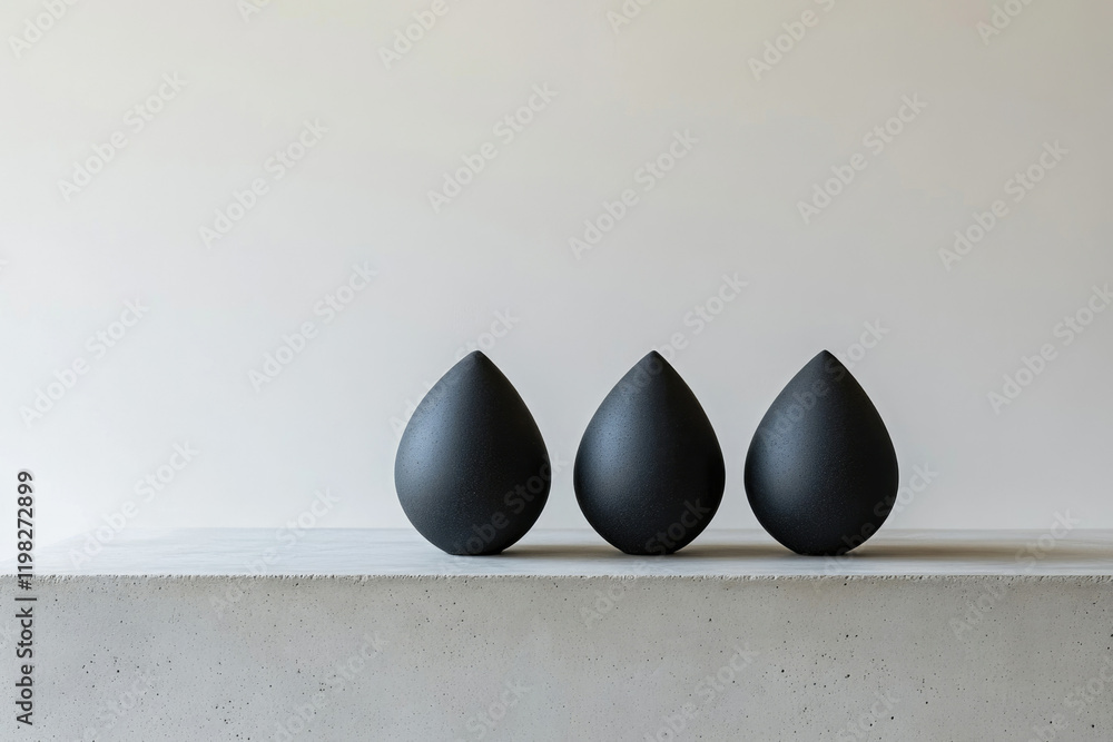 Poster three dark teardrop-shaped objects rest on a light gray surface against a white background.