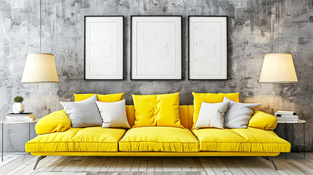 Yellow couch sits in front of a wall of framed pictures. The room is bright and inviting, with a wooden floor and a yellow lamp on a table. The couch is the focal point of the room