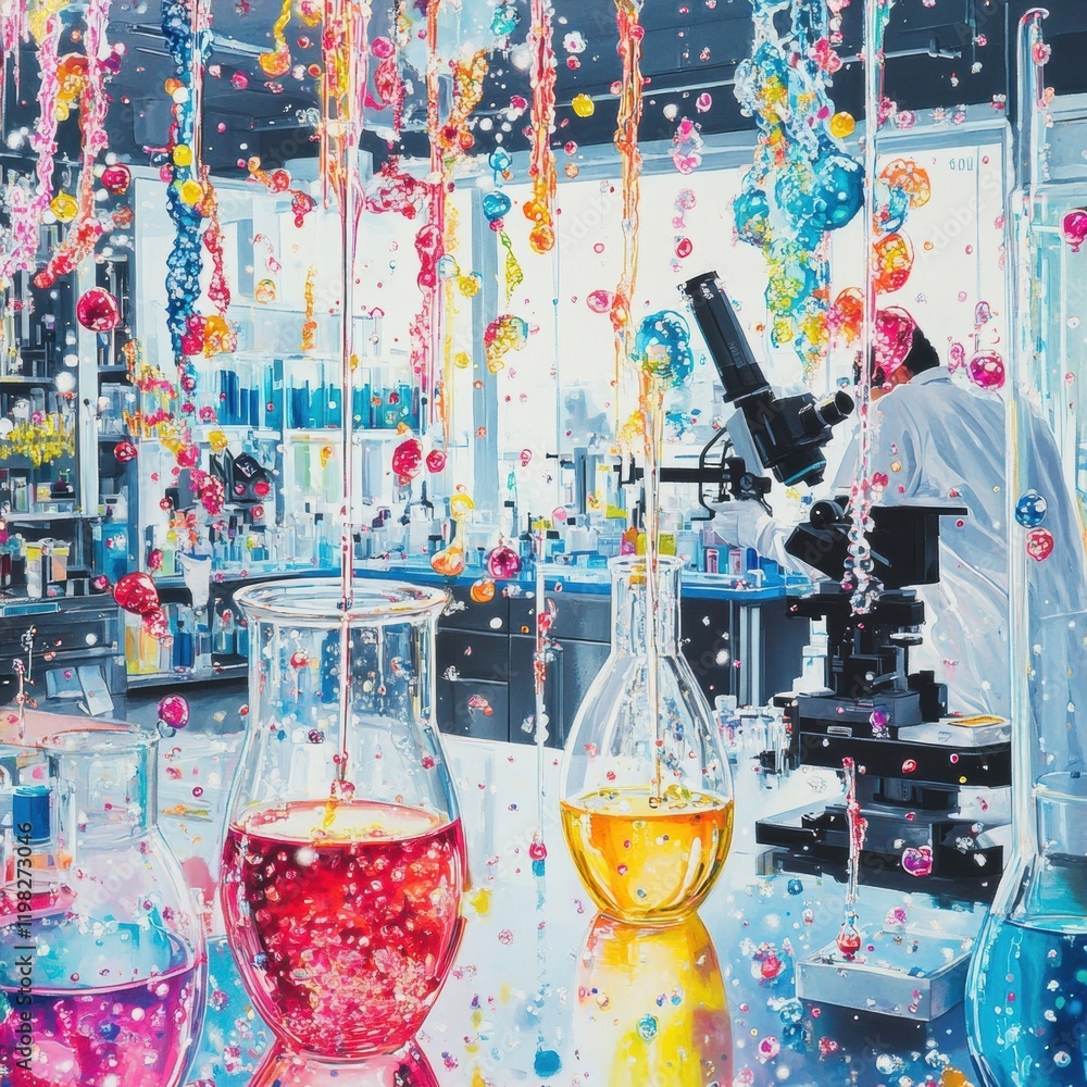 Leinwandbilder laboratory environments featuring microscopes and colorful test tubes during scientific experiments.