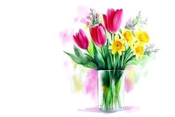 Watercolor Spring Bouquet: Pink Tulips & Yellow Daffodils in Glass Vase